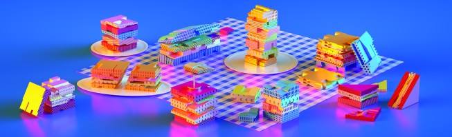 Bonner’s 2016 Best Sandwiches exhibition at Boston’s Pinkcomma gallery celebrates the layers of buildings, eschewing Miesian vertical extrusions in favor of misaligned stacks, starting with comparisons between MVRDV’s Dutch pavilion for the 2000 Hanover Expo and a BLT sandwich.