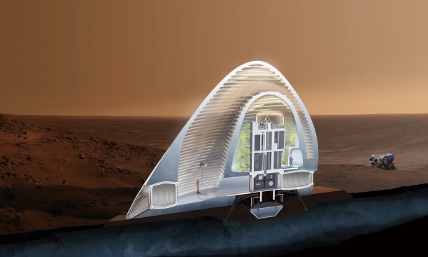 Section
Perspective: A double ice shell housing programmatic spaces within its layers
is 3D-printed around a lander habitat. A vertical greenhouse between the
habitat and shell forms the crew's yard.