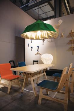 Moustache showed Matali Crasset’s trestle-based Instant chairs and table, Inga Semp&eacute;’s puffy pleated Tyvek cloud lights and Bertjan Pot's luminaires inspired by photo equipment. 
moustache.fr, 
matalicrasset.com, 
ingasempe.fr, 
bertjanpot.nl