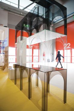 Brikol&ouml;r, a four-man Swedish studio emphasizing self-produced, supremely well-crafted legacy furniture, built B&auml;gar, a modular, tricolor glass shelving system, in cheerful shades of pink or tony, transparent grays. 
www.brikolor.com
