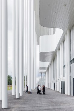 The Nouveau Stade de Bordeaux has 1,000 metal columns that support its inverted stepped roof. Herzog & de Meuron, inspired by the nearby treescape, arranged the columns so that they do not conform to a standard grid. At-grade entrances to offices and event spaces in the stadium’s base flank the north and south (shown) fa&ccedil;ades.