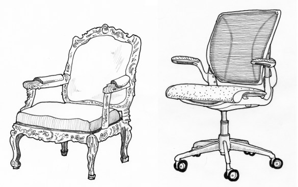Nicolas-Quinibert Foliot's Fauteuil à la reine chair and Niels Diffrient's World Chair