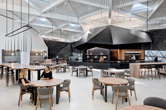 Suspended track and concealed cove lighting highlight the unique forms in the multi-function lounge and accent the bar. Decorative pendants anchor communal tables.