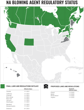 Figure 1 – Regulatory changes regarding insulation manufacturing and blowing agent selection are being adopted piecemeal across the U.S., with more states moving toward reducing the GWP levels used in XPS production.