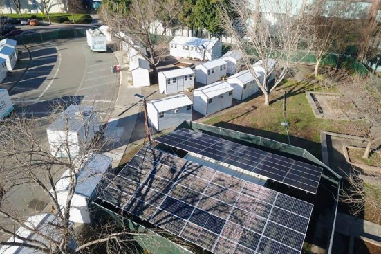 The BoxPower microgrid at the Casitas de Esperanza shelter combines two 22- kilowatt solar arrays with 266 kilowatt hours of cumulative battery storage. Each unit is interconnected to a 35-kilowatt prime power propane generator as a system backup.