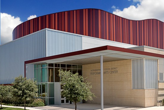 Mixing flush panels in burgundy, colonial red, and terra cotta creates a colorful accent atop the AISD Performing Arts Center in Austin, Texas.
