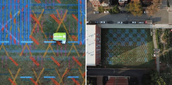 The GPS-guided robot, Turf Tank One, can also paint soft surfaces, as seen at another CAB site, the El Paseo Community Garden in Pilsen.