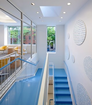 Surfaces painted blue help to define the circulation areas.
