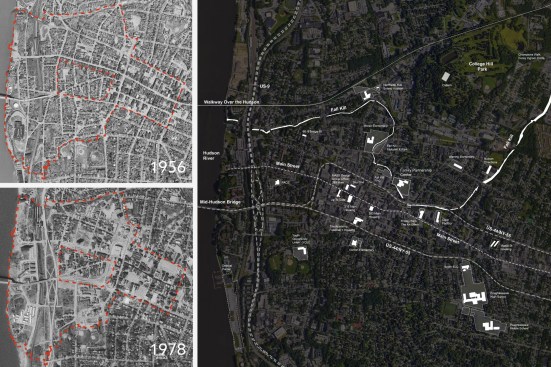 Poughkeepsie past, present, and future: Satellite images of the city from before and after urban renewal (red outline) and MASS Design Group's active project map.