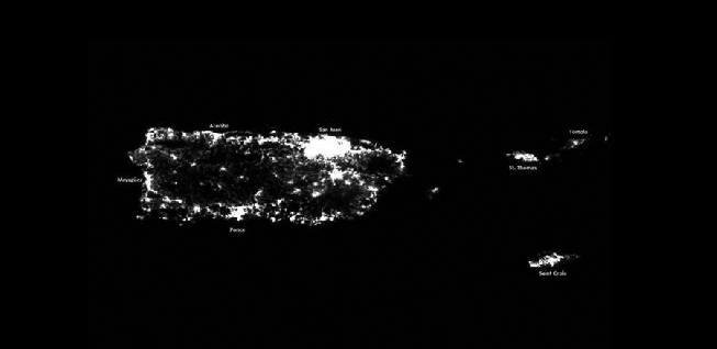 Satellite photos showing Puerto Rico at night prior to Hurricane Maria, and afterwards on Sept. 25, 2017, in complete darkness, save for a few emergency generators, due to the destruction of the power grid and loss of electricity.