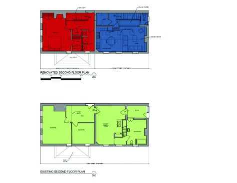 Plans for the second floor, with old plans at the bottom and new plans at the top. Note the left-hand, Braddock Street apartment puts bedrooms on this floor while the right-hand, Cork Street apartment has a living area (shown in opening slide).