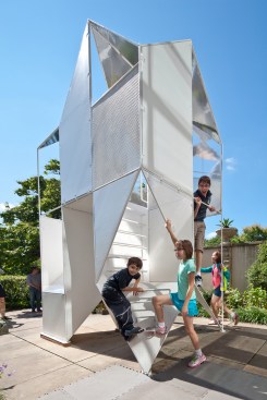 Silo AR+D won a design/build competition hosted by the Cleveland Botanical Garden with its Reflects treehouse pavilion in 2015. A riff on the gabled house, Reflects offers panoramic views and creates a forest-like effect using mirrors that reflect views of the garden outside into the structure.