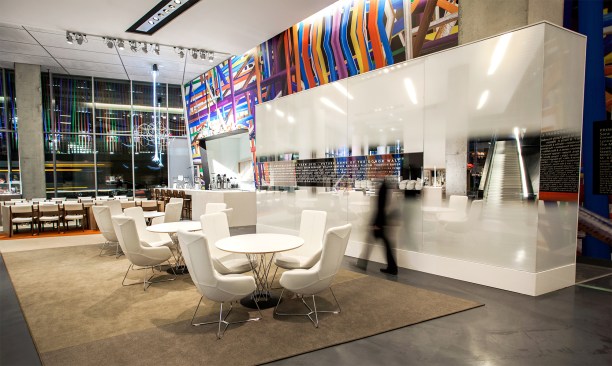 The renovated lobby, with local artist Matt Kotlarczyk's chandelier&nbsp;