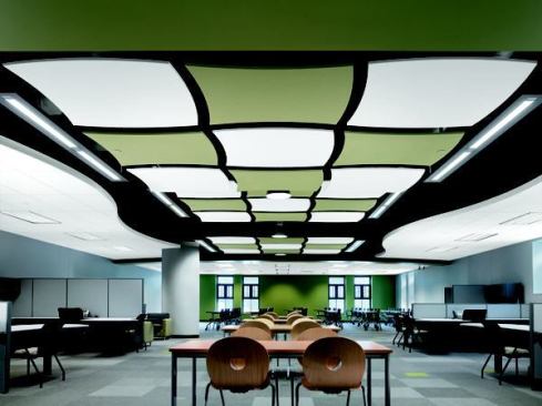 Product: SOUNDSCAPES&reg; Shapes Acoustical Clouds, Concave and Convex panels in Moss and White 
&nbsp; 
Project: Zionsville High School, Zionsville, IN 
&nbsp; 
Architect: Fanning/Howey, Indianapolis, IN