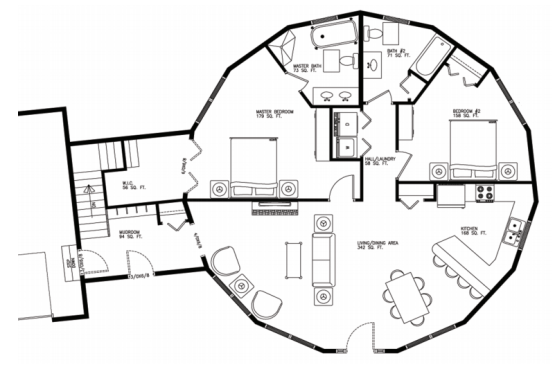 Monterey B floor plan with stairs: 2 bedroom / 2 bath, 1,357 heated sq. ft., package includes garage