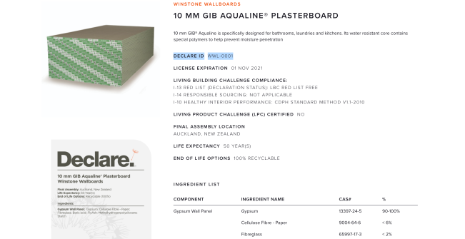 Declare's listing for 10 MM Gib Aqualine Plasterboard