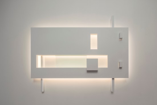 The Barcelona I sconce (above) measures 36" by 28" by 4" and features a Corian Glacier White finish. The luminaire is available in 2200K, 2500K, 2700K, and 3500K with a CRI of 80  or 90 depending on color temperature selection, uses 30W, and provides 960 lumens.