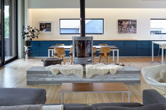 Dining area, with view out to cantilevered porch at left
