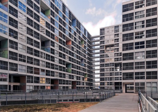 Riken Yamamoto's Shinonome Canal Court Codan Housing Project, Tokyo, 2003.  The main characteristics of this housing development, by RIken Yamamoto, are the ‘common terrace’ which is a volume carved out of the residential building, the ‘foyer-room’ which can be used as a home office, sunny center corridors, and sunny bathrooms/kitchens.