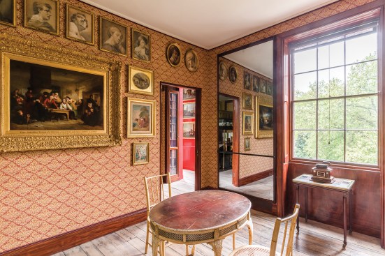 The wallpaper in Mrs. Soane’s Morning Room (shown) and throughout the rest of the apartments was reprinted by Adelphi Paper Hangings after the original pattern was discovered in situ by wallpaper experts Sandiford & Mapes. The color was reproduced based on small swatches preserved in sample books in the Victoria and Albert Museum archives.