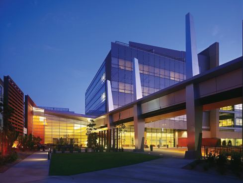 The main entry to the building features a gridded curtain wall system with clear vision glass that offers complete transparency into the hospital’s asymmetrical lobby. Terra Cotta Façade: Moeding; Alphaton clay tile façade in natural red; moeding.de - Metal panels: Centria; Metal wall system in Silver Gray; centria.com - Uplights: Hydrel; In-grade uplights; hydrel.com