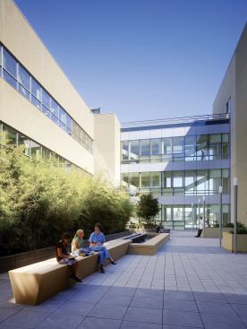 A second-floor courtyard is carved out of the center of the building, providing a secure outdoor space as well as a light well that allows natural light to penetrate the core. Pavers: American Hydrotech; Precast concrete pavers; hydrotechusa.com - Light Poles: HessAmerica; RIVA RV360 luminaire; hessamerica.com
