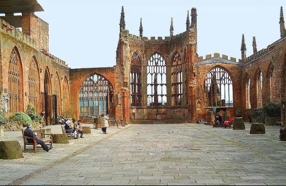 A blitz by the German Luftwaffe in 1941 almost completely destroyed the Cathedral Church of St. Michael, a 15th-century Gothic landmark in Coventry, England. Only the spire, the outer walls, and a bronze statue and tomb of the church’s first bishop remain. More recently, the ruins have suffered severe water damage.