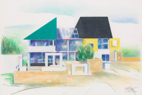 Ettore Sottsass (Italian, 1917-2007) Executed Design, May 1988: South Perspective (under construction), Daniel Wolf Residence, Ridgeway, Colorado 1986 Graphite, colored pencil, and wax crayon on paper The Metropolitan Museum of Art, Gift of Daniel Wolf, 2017
