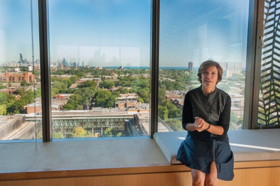 Architect Jeanne Gang, FAIA, gives a talk in a common room of the newly completed Campus North Residential Commons.