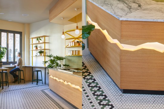 Studio BANAA integrated yellow accents and curving forms into its scheme for Mad Yolks, a restaurant in Santa Cruz, Calif.