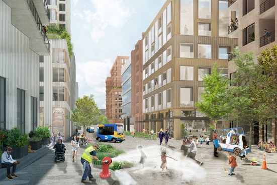 A Sunnyside rendering depicting a living street, known as a “woonerf” in Dutch.