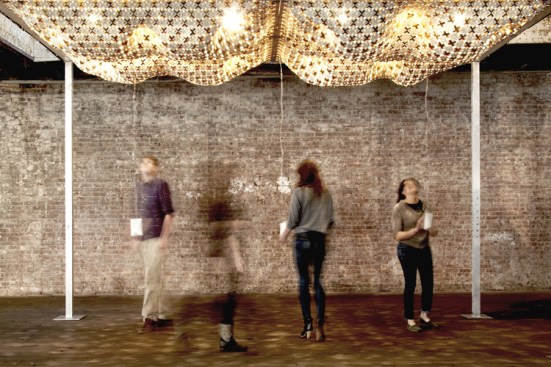 Motors embedded in the canopy of Cosmic Quilt, which was the result of a workshop with students from the Art Institute of New York, create fluid overhead motion based on movement beneath it.