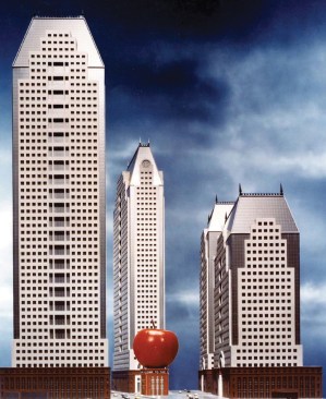 A 1980s Times Square rendering by Johnson and Burgee &nbsp;(apple designed by Venturi, Scott Brown and Associates)