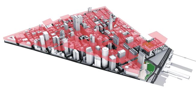 The model allowed the architects to create a series of visualizations that can help them consider the limitations on certain projects. This diagram shows the city's current height limits, and highlights both the number of buildings built before current limits were passed and the potential for other sites to increase vertical density.