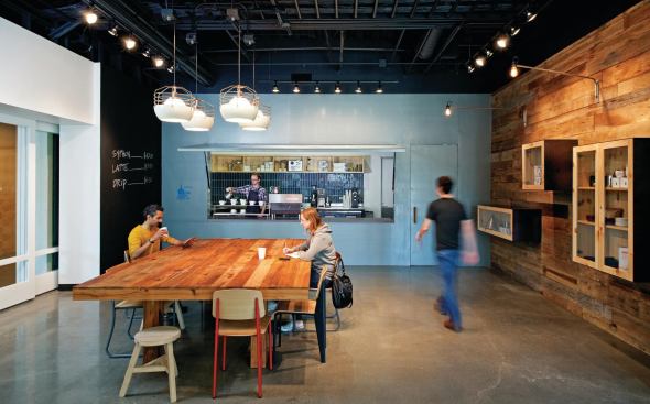 Even the coffee bar is an incubator business: Though it serves coffee brewed from Blue Bottle Coffee beans, the café is owned and operated by Stanford University students.
