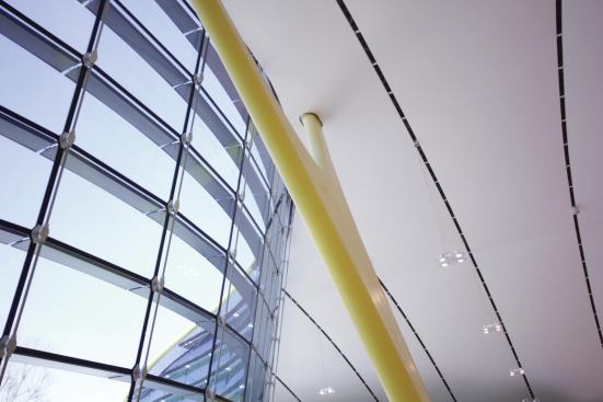 Forked columns meet the roof at the glazed eastern end of the building