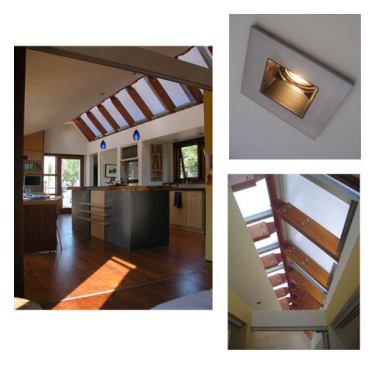 The University of Maryland's home had a translucent polycarbonate skylight (above left and bottom right) and used recessed fixtures (top right) in the space for downlighting. 