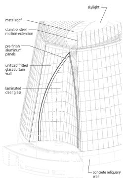 ALPHA WALL

Carefully engineered with the help of 3-D modeling programs to determine stresses on materials, the walls create a striking presence and allow light to enter the space unfettered.