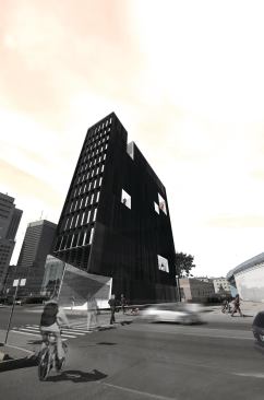 The signature feature of the 11-story Bond Tower in Winnipeg is its long, thin floor plate. Confined to standard setbacks at the base, the upper levels cantilever out 15 feet over each short end, creating a bar that is perforated by inset windows on the narrow north and south ends and voids that allow daylight and fresh air to penetrate the space on the longer east 

and west façades.