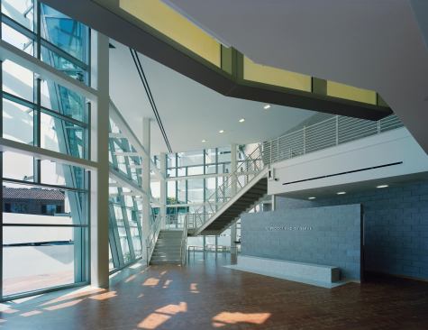 The glass entrance façade allows ample daylight into the lobby, a major factor in the station's bid for LEED Gold certification.