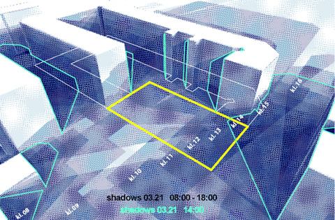 Light and shadow were tracked and documented at the March equinox for a precise handle on the sun's orientation in relation to neighboring buildings.