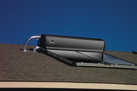 #3 Rheem Passive Solar Water Heating System  SRCC-labeled Solaraide passive solar water heating systems operate without pumps or controllers. A closed-loop, indirect heat exchange design wraps completely around the unit’s roof-mounted thermo-siphon exchange tank for optimum efficiency. Single or double flat-plate collectors in 47- or 80-gallon capacity include multiflow risers that transfer heat rapidly and provide heated potable water directly to the home’s existing or backup water heater. The company also makes SolPak active solar thermal systems and storage tanks. 800.621.5622. 
www.rheem.com.