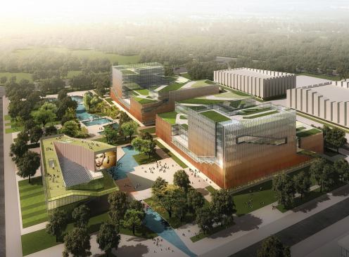 Aerial rendering of Phase 2, Plot B of China Mobile International Information Port Project. Buildings to the right are research, laboratories and technical development facilities. To the left is the public facilities building.