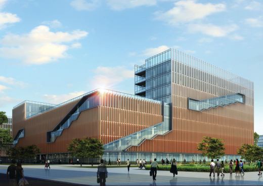 Perimeter stairs organizes the major circulation and brainstorming areas. Copper-colored fins act as shading devices for the glass walls. 