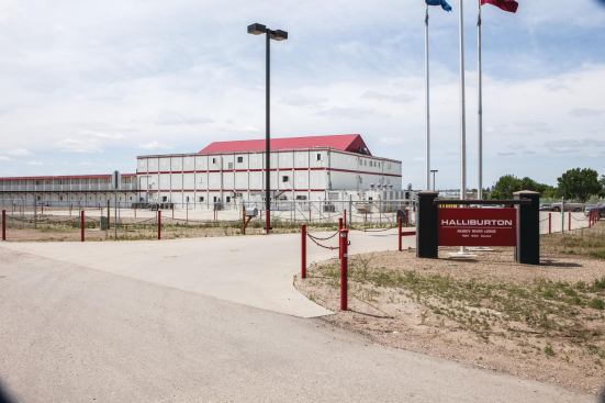 Halliburton reused this metal-framed building, constructed as temporary lodging during the 2010 Winter Olympics in Vancouver, to house its employees in Williston. The Muddy River Lodge, as it is called, has 281 units.