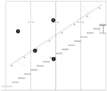 Stair Section

1. laminated glass step

2. 1 1/4-inch brushed-aluminum handrail

3. three layers of 1/2-inch- thick glass panels

4. spider connector