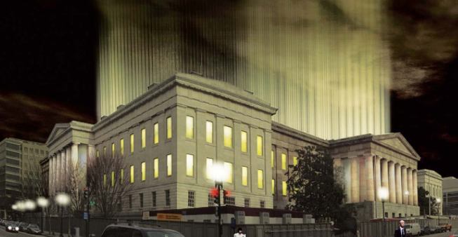With proper lighting from the interior, the proposed installation at the Smithsonian Institution Patent Office Building (which houses the National Portrait Gallery) would have created striking visual effects as the light went through each individual glass rod in the truss system. The Smithsonian competition was won by Norman Foster.