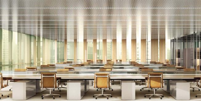 Plans to convert Inland Steel into an office hotel replicate the mid-century aesthetic with updates such as a perforated metal ceiling and motorized shades to cut down on heat gain.