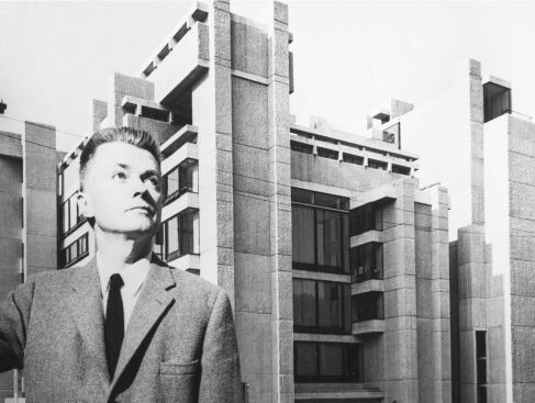 Architect Paul Rudolf in front of his Yale Art & Architecture Building, completed in 1963. The well-received brutalist structure was recently renovated and given an addition by Charles Gwathmey, a Yale graduate who studied under Rudolph.