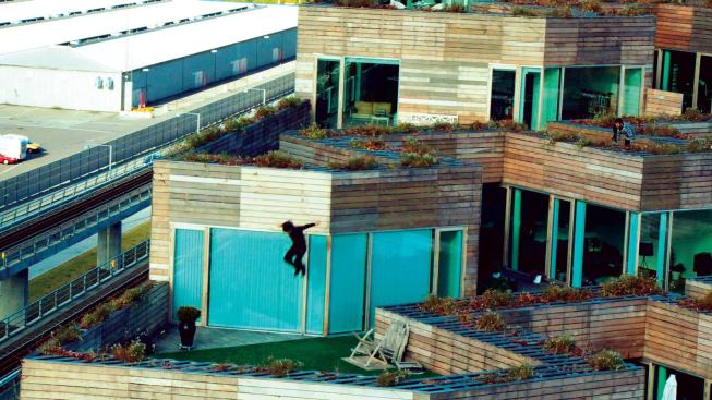 A video still from My Playground, a documentary on the parkour movement, features Mountain Dwellings  designed by the Bjarke Ingels Group.